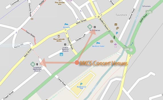 Fixed map of Kelly Choral Society concert venues in Tavistock