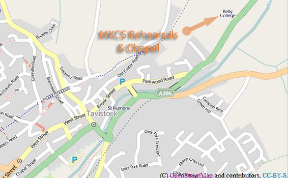 Fixed map of Kelly Choral Society concert venues in Tavistock